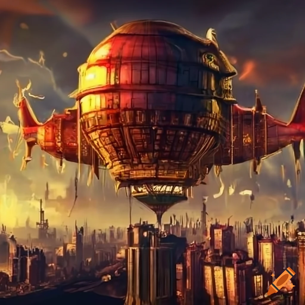 Image of a colorful steampunk city with airships on Craiyon
