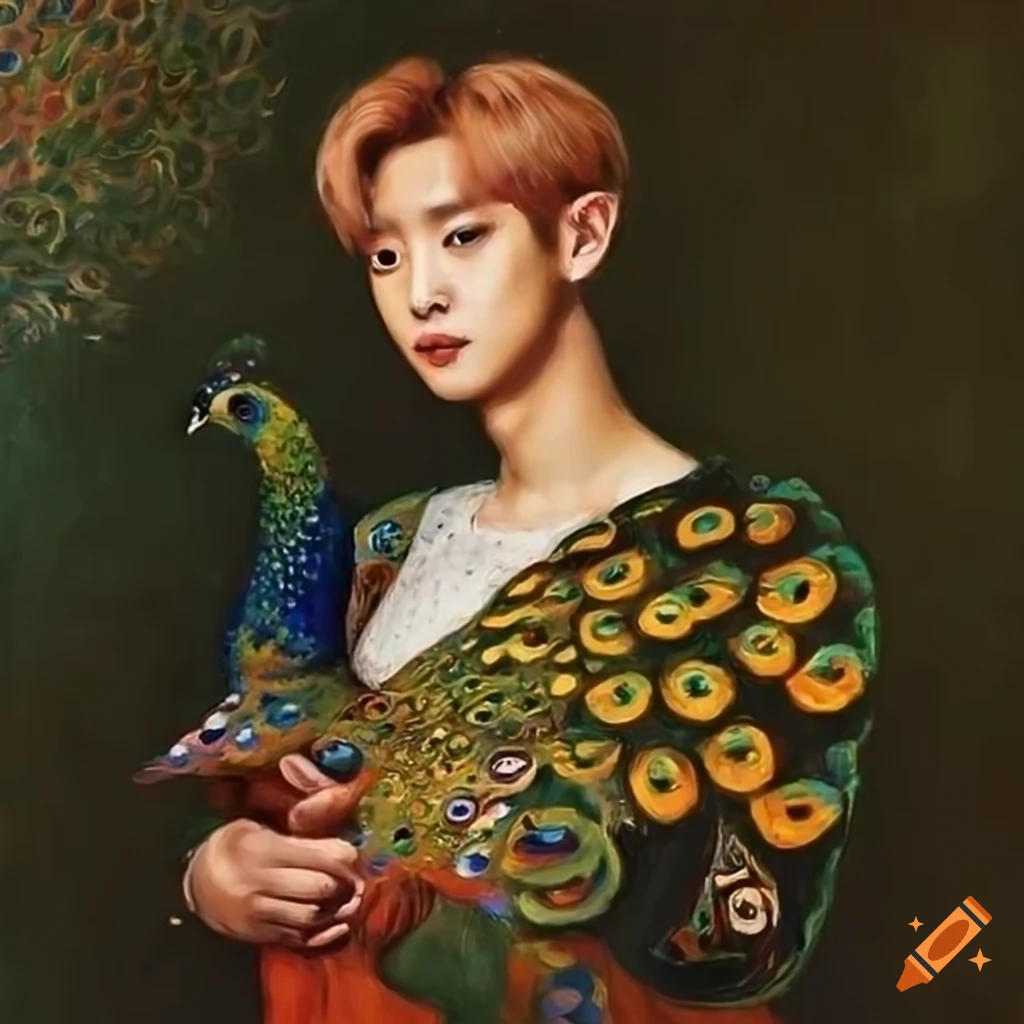 portrait of Park Chanyeol with a peacock painted by Gustav Klimt