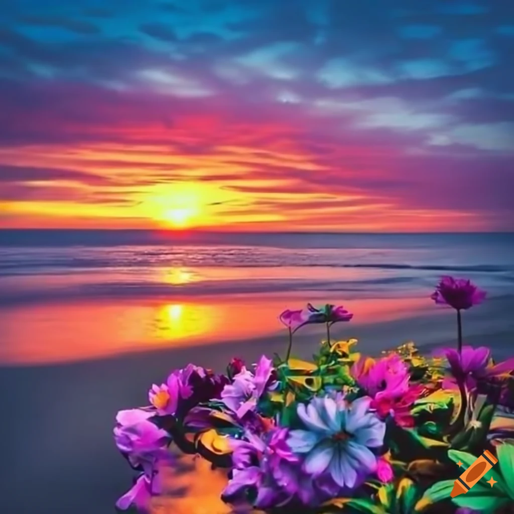 Colorful flowers at the beach during sunset on Craiyon