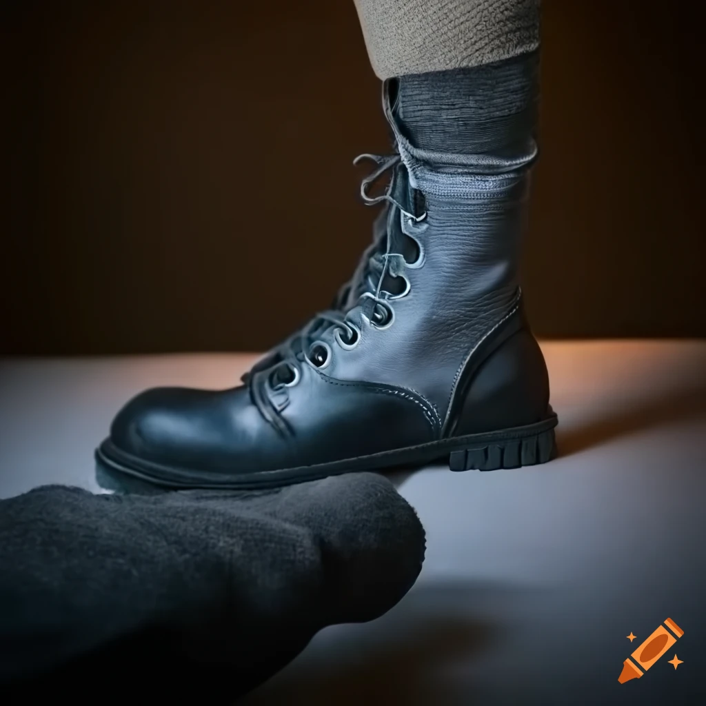 Close-up of a black steel-capped paratrooper boot on a cozy glove