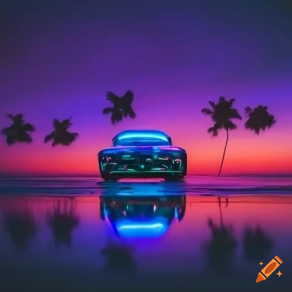 neon-lit Camaro parked by palm trees