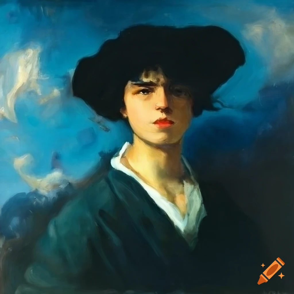 oil painting of a young man with flaming head in blue clouds