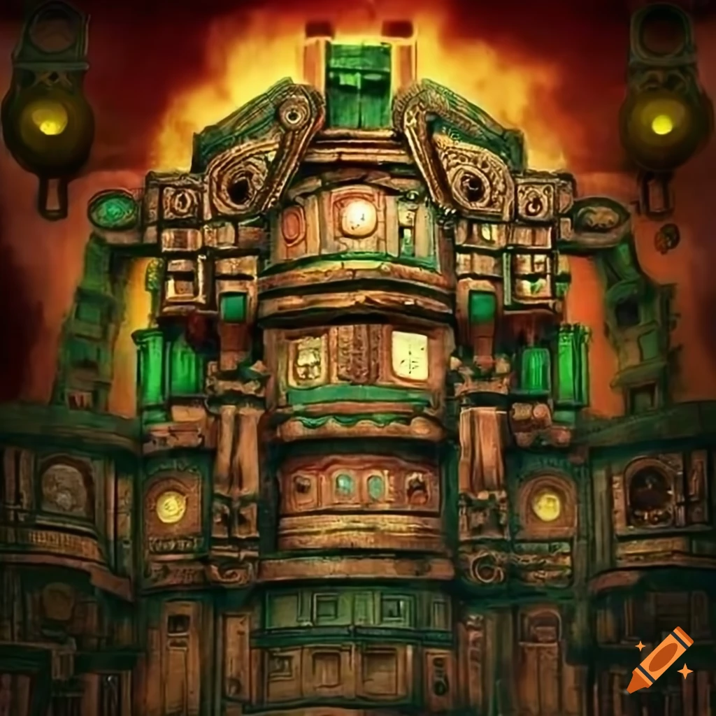 Steampunk city with green, red, and golden elements on Craiyon