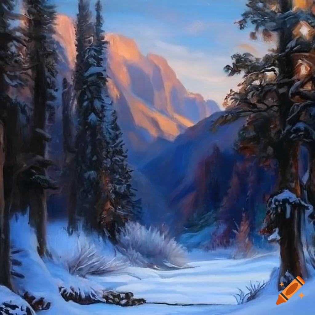 realistic oil painting of snowy wilderness in California