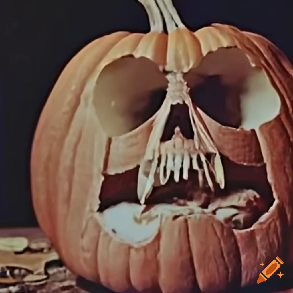 colorized found footage of a pumpkin skeleton