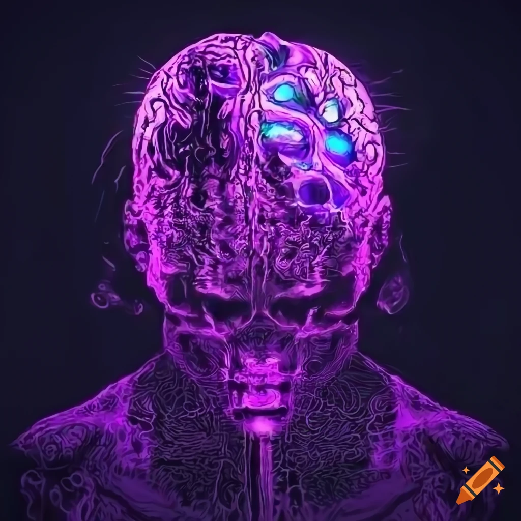 Illustration of a cyberpunk brain in black and purple on craiyon