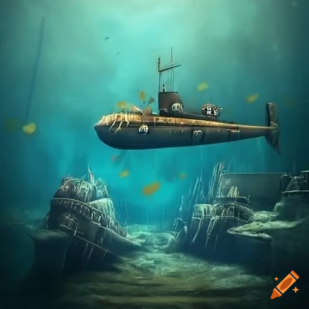 Steampunk submarine exploring underwater ruins on Craiyon