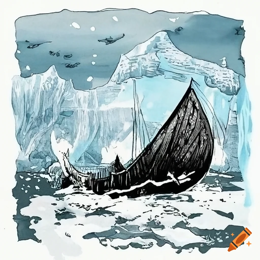 black and white ink drawing of a shipwrecked viking ship on a desolate island