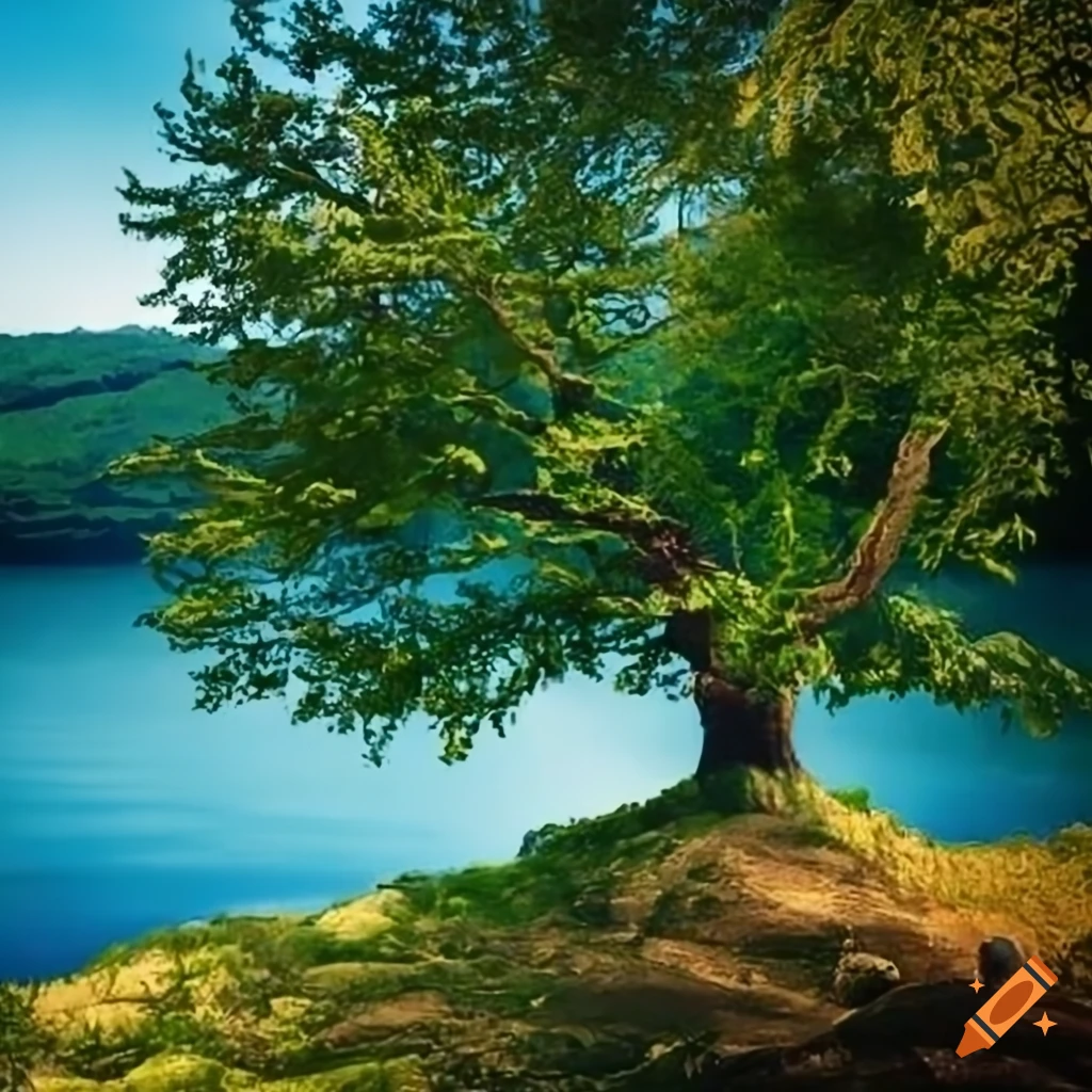 photo-of-a-tree-on-a-cliff-by-a-lake