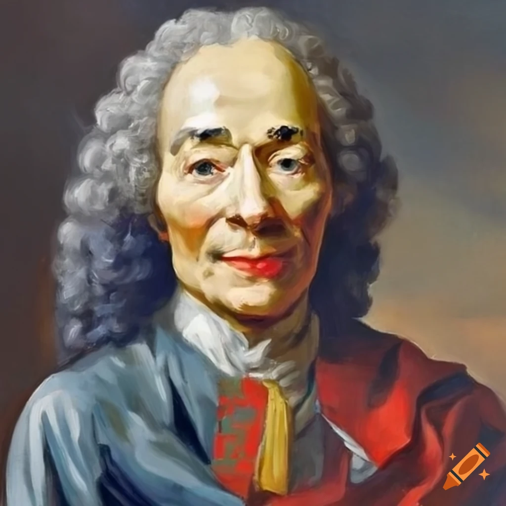 Oil painting of voltaire with eu flag sticker