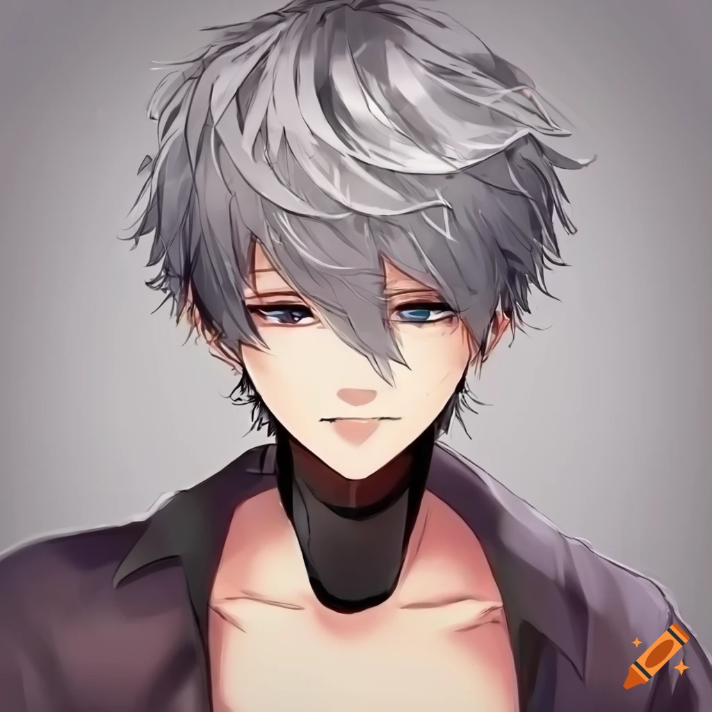 anime-style illustration of a handsome boy with silver hair