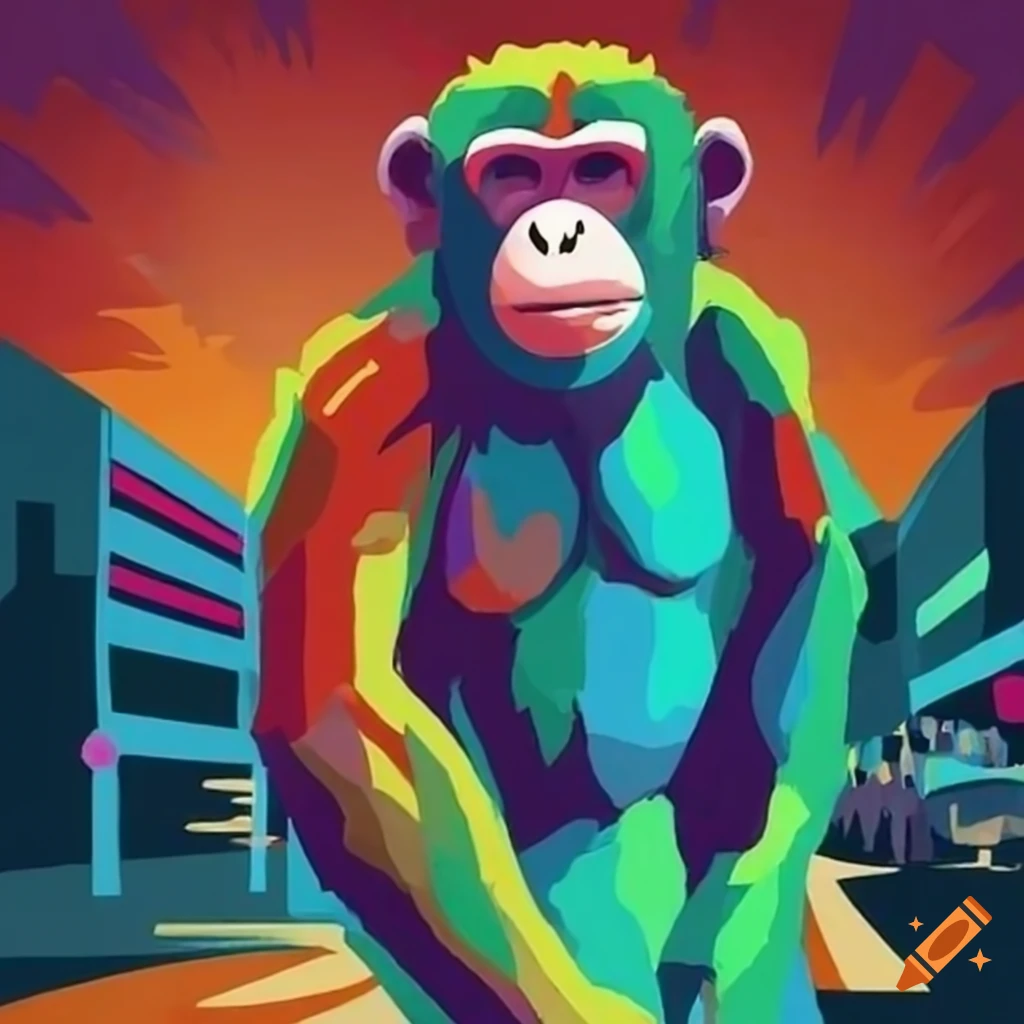 classic painting of a chimpanzee walking in the city