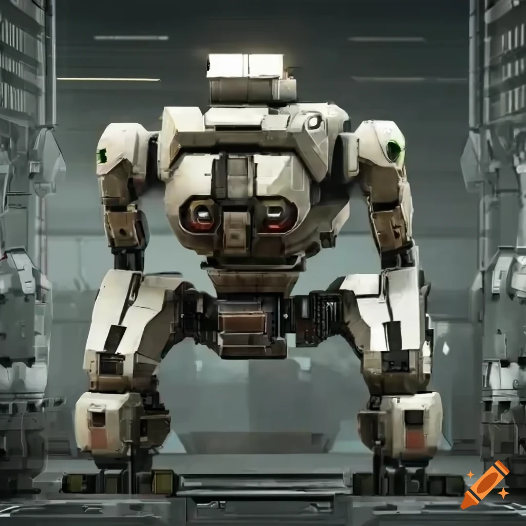 white military robot with attached weapons in a sci-fi hall