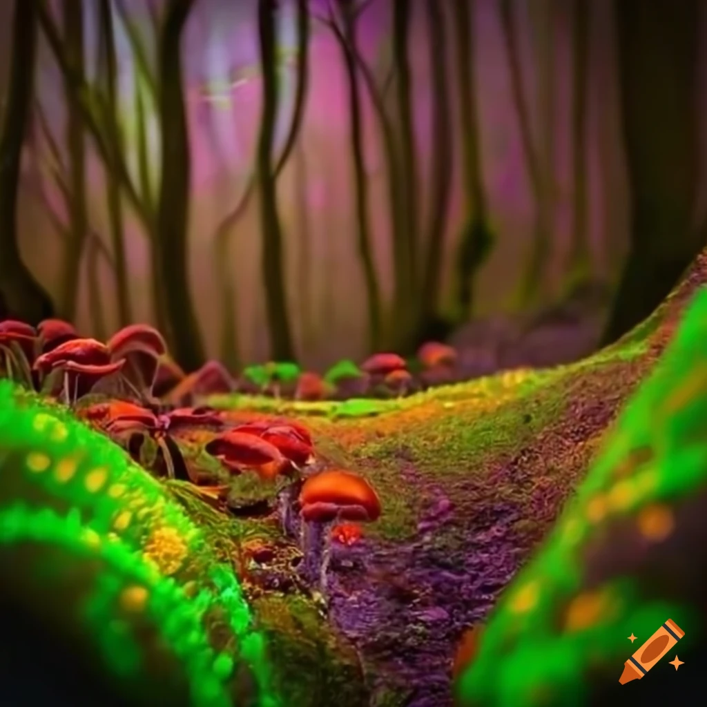 Vibrant fantasy forest with glowing fungus and neon rainforest on Craiyon