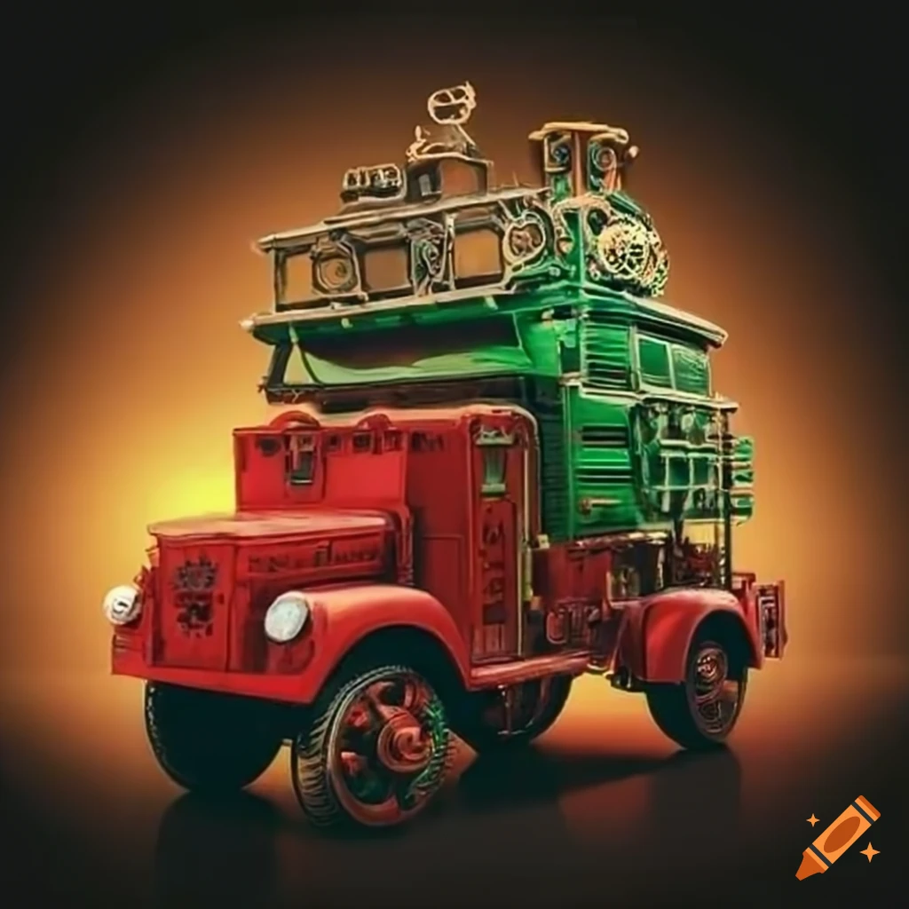 Chavin-style steampunk fire truck with red, green, and gold colors