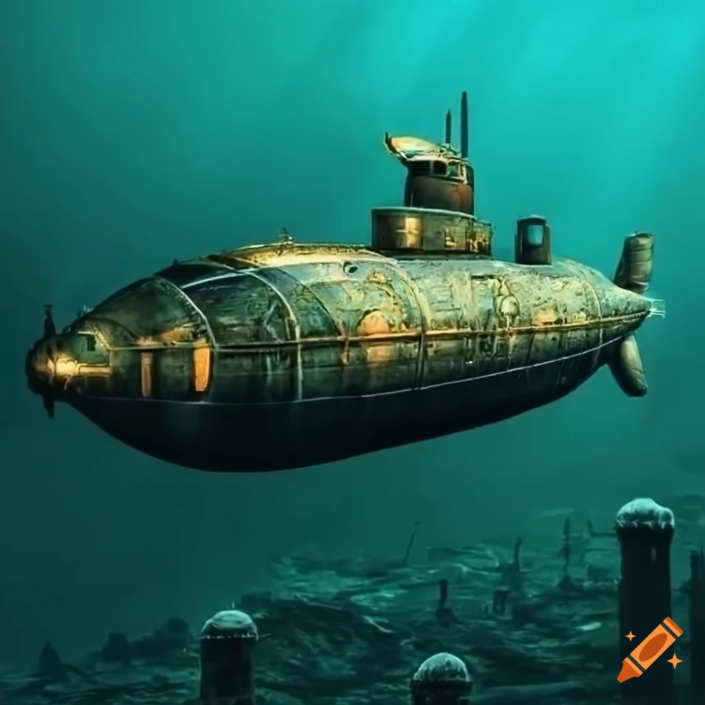 Steampunk submarine exploring underwater city canals