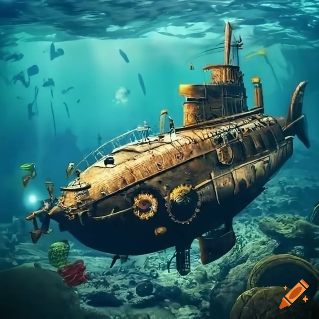Steampunk submarine exploring underwater ruins