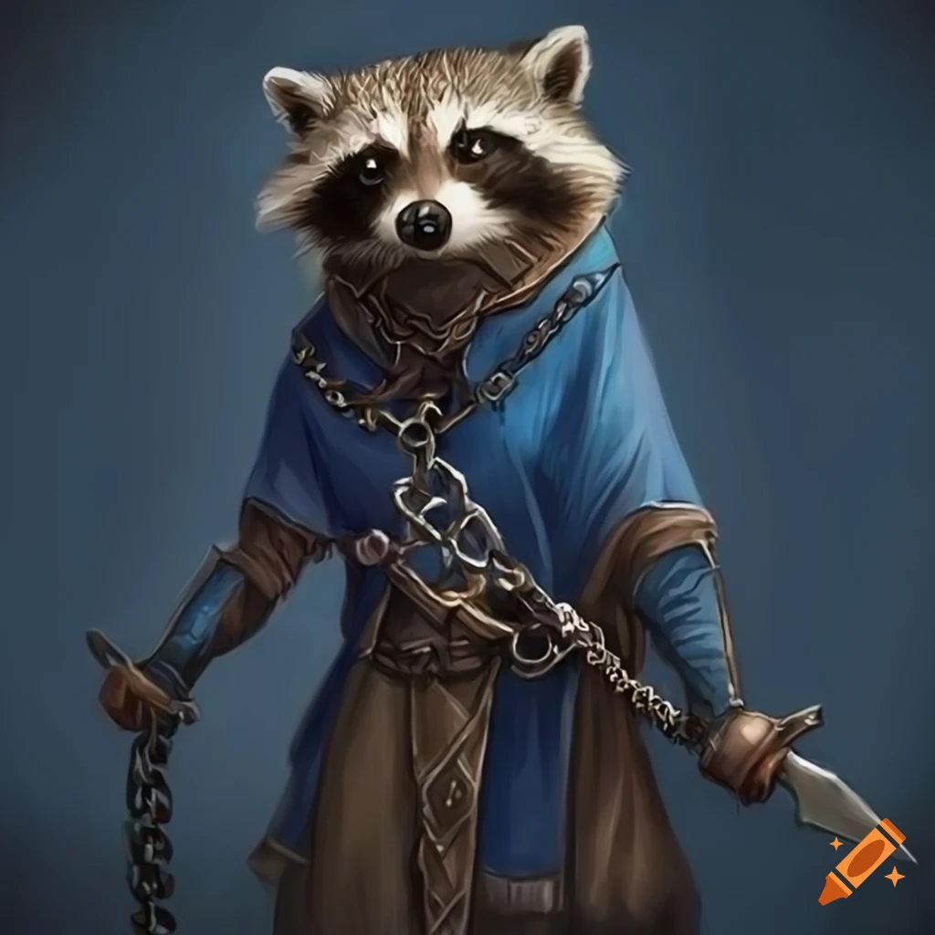 Illustration of a raccoon with a dagger in a blue chain shirt on Craiyon