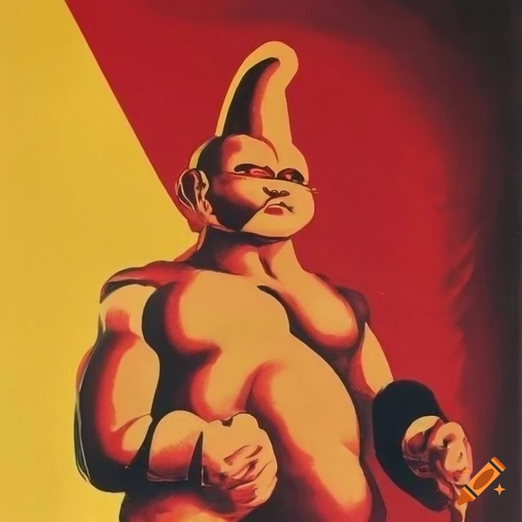 monochrome propaganda poster with Buu character