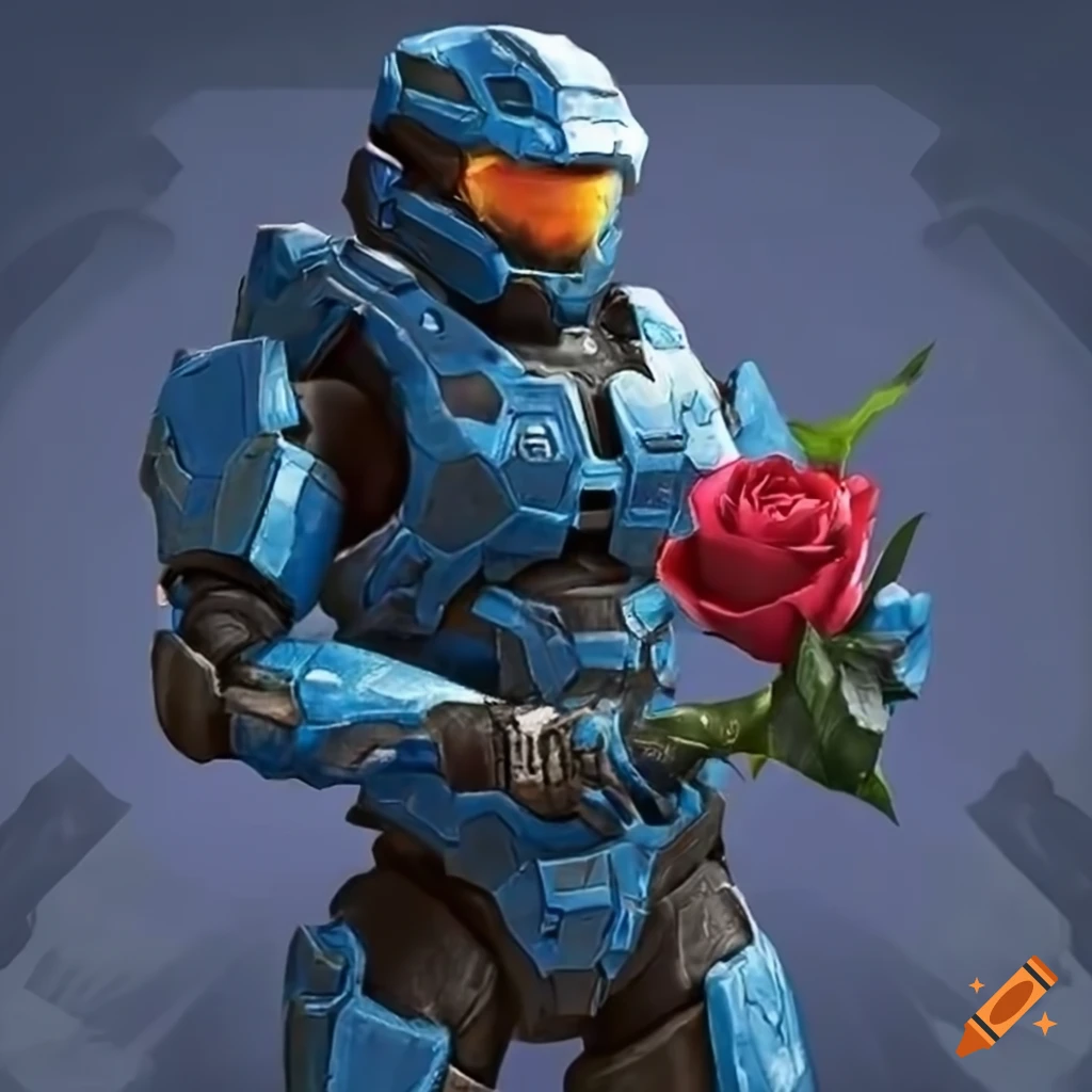 blue Spartan holding a rose
