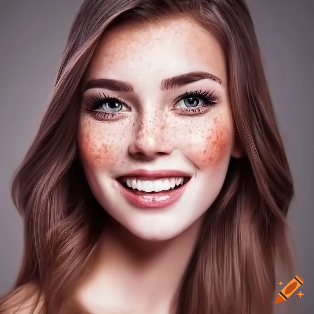 Portrait of a beautiful young woman with freckles and brown hair on Craiyon