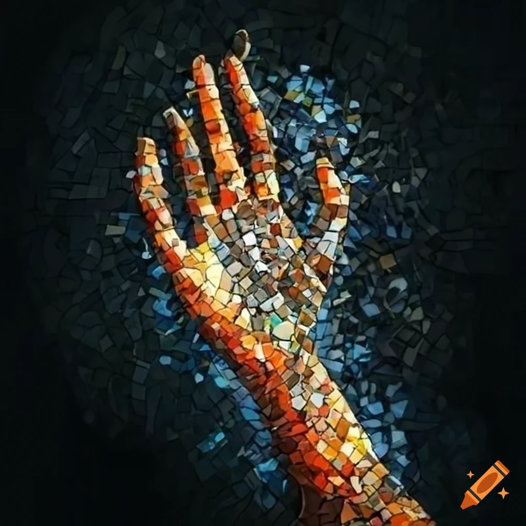 mosaic artwork of hands holding DNA strands