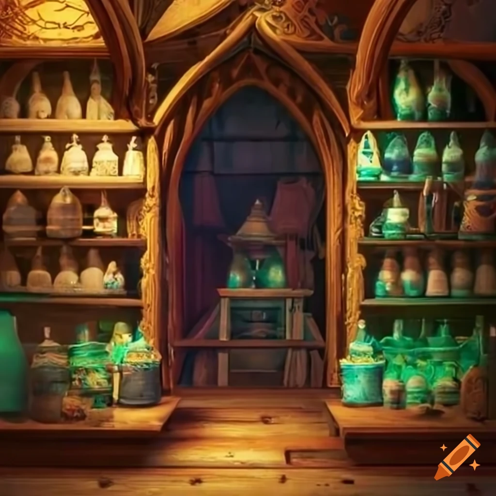Interior of an elven magic shop with potions on shelves on Craiyon