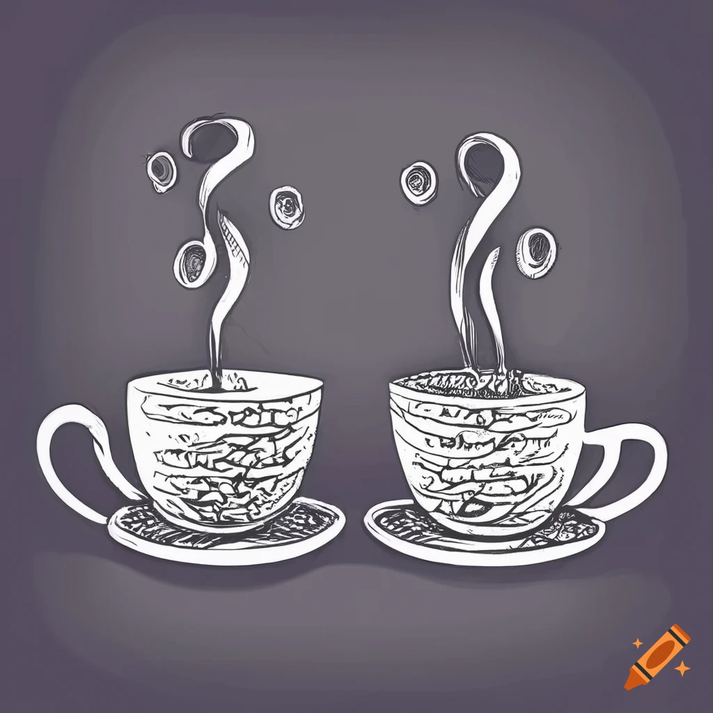 artistic black and white illustration of coffee cups with a coffee bean logo