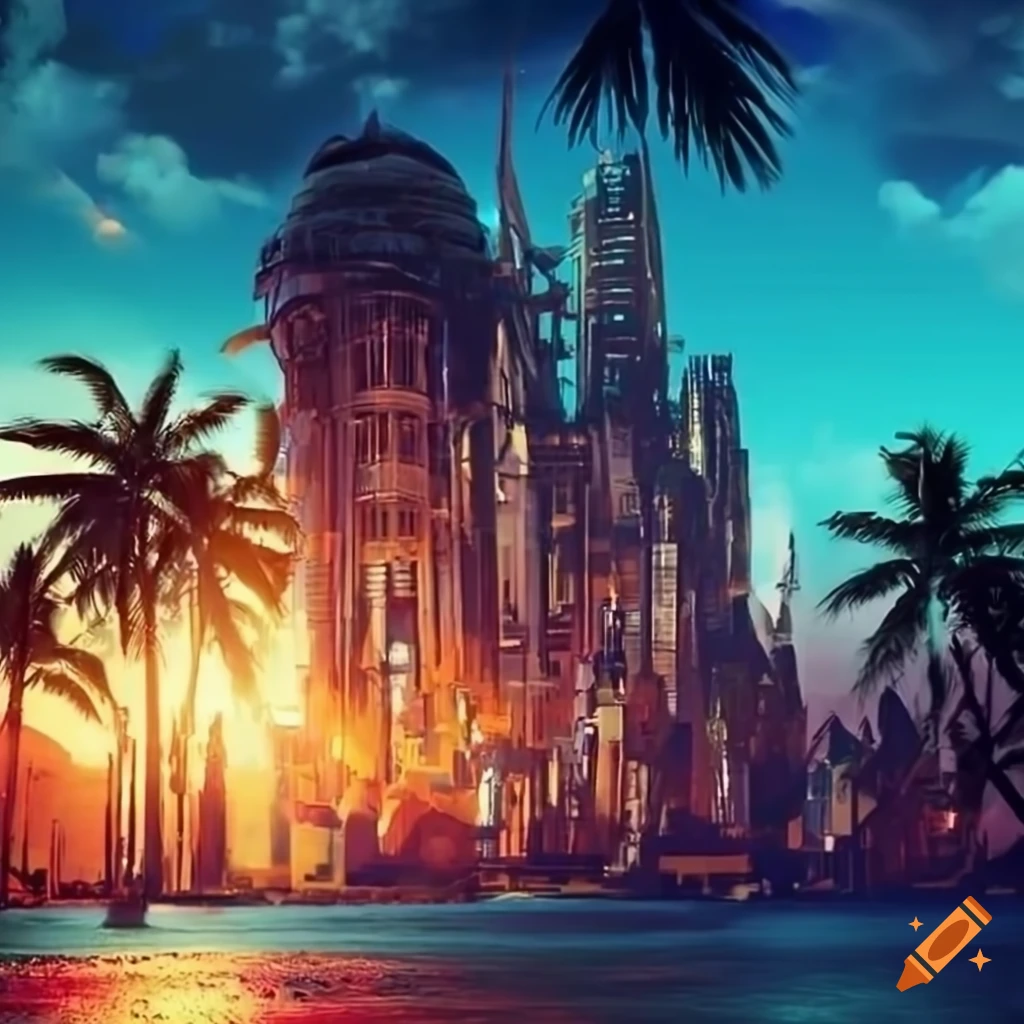 futuristic steampunk cityscape with palm trees at a tropical beach