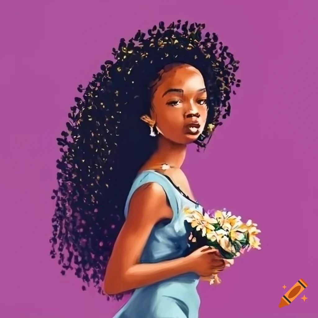 illustration of a black girl standing on a car with flowers