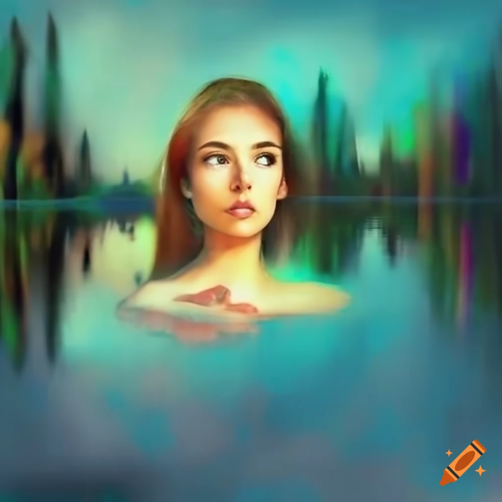 Young woman contemplating her reflection in a serene lake on Craiyon