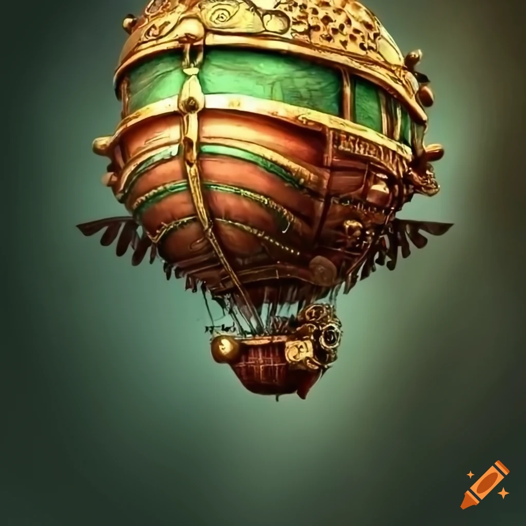 steampunk winged airship in Chavin style