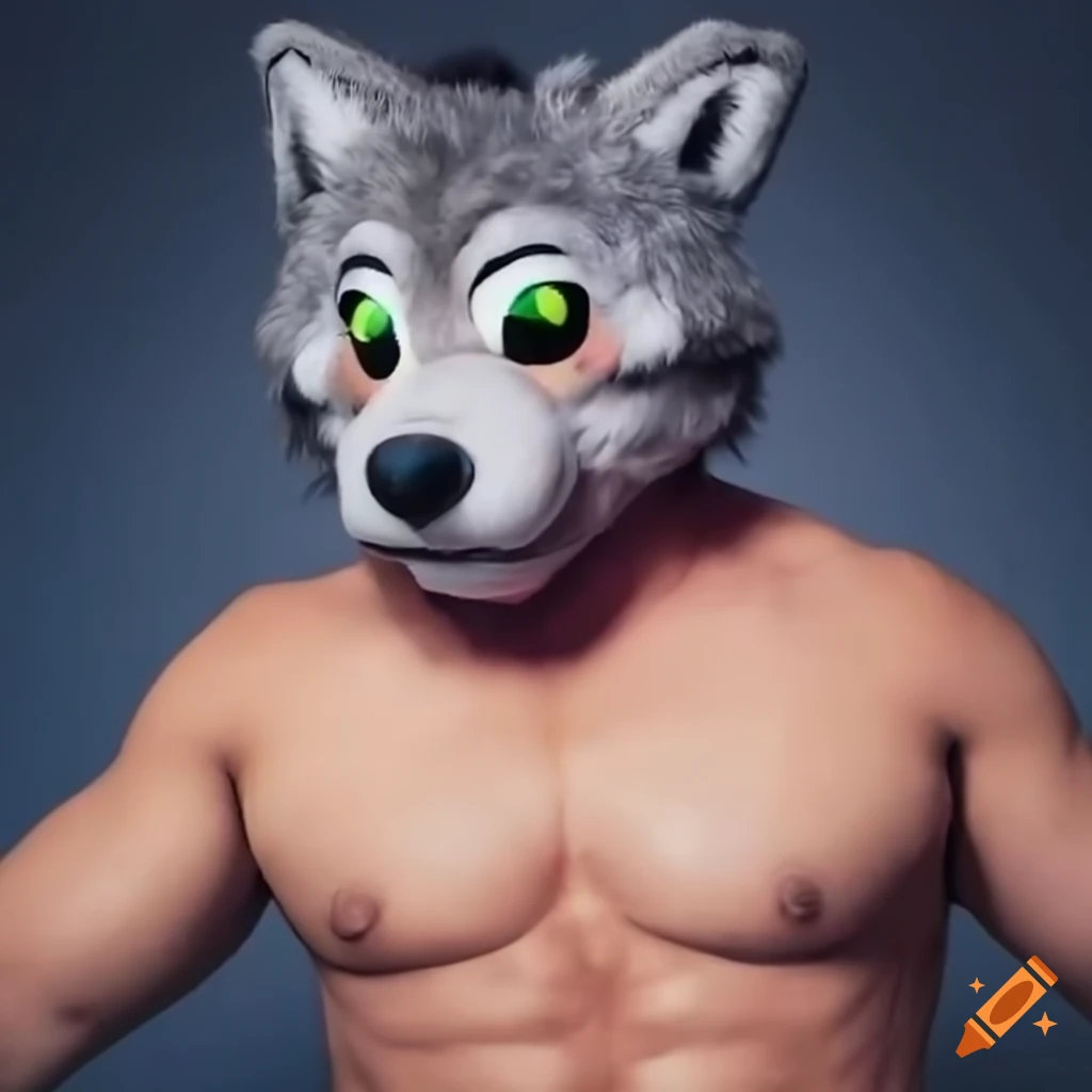 man in a gray wolf fursuit head