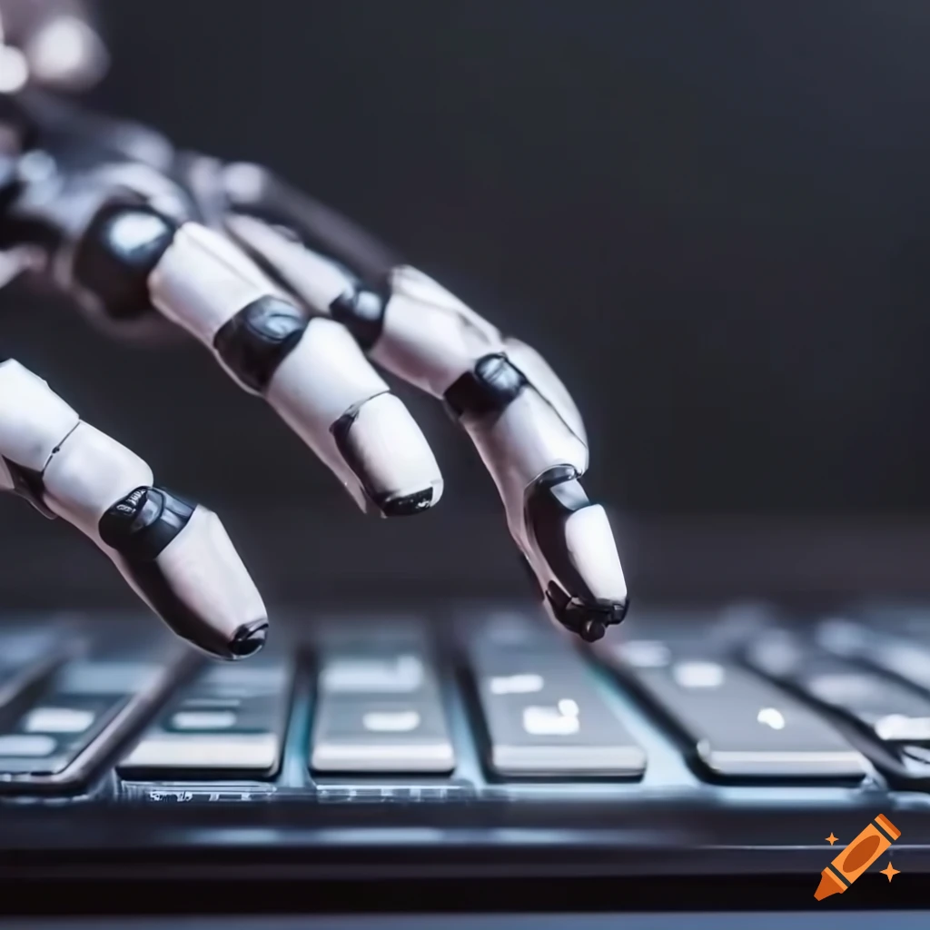 Dark artwork of a robotic hand hovering over a keyboard on Craiyon