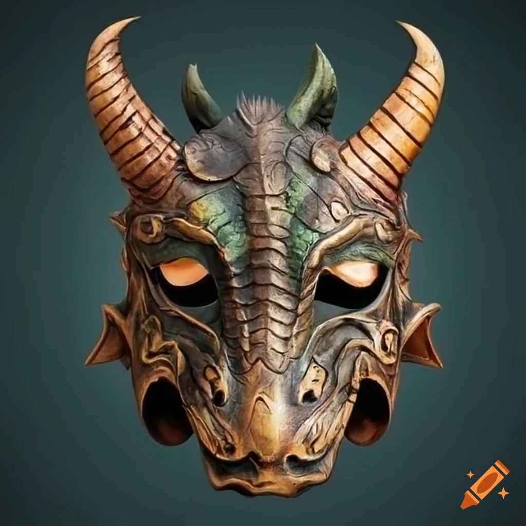Detailed dragon mask in dark green and bronze colors on Craiyon