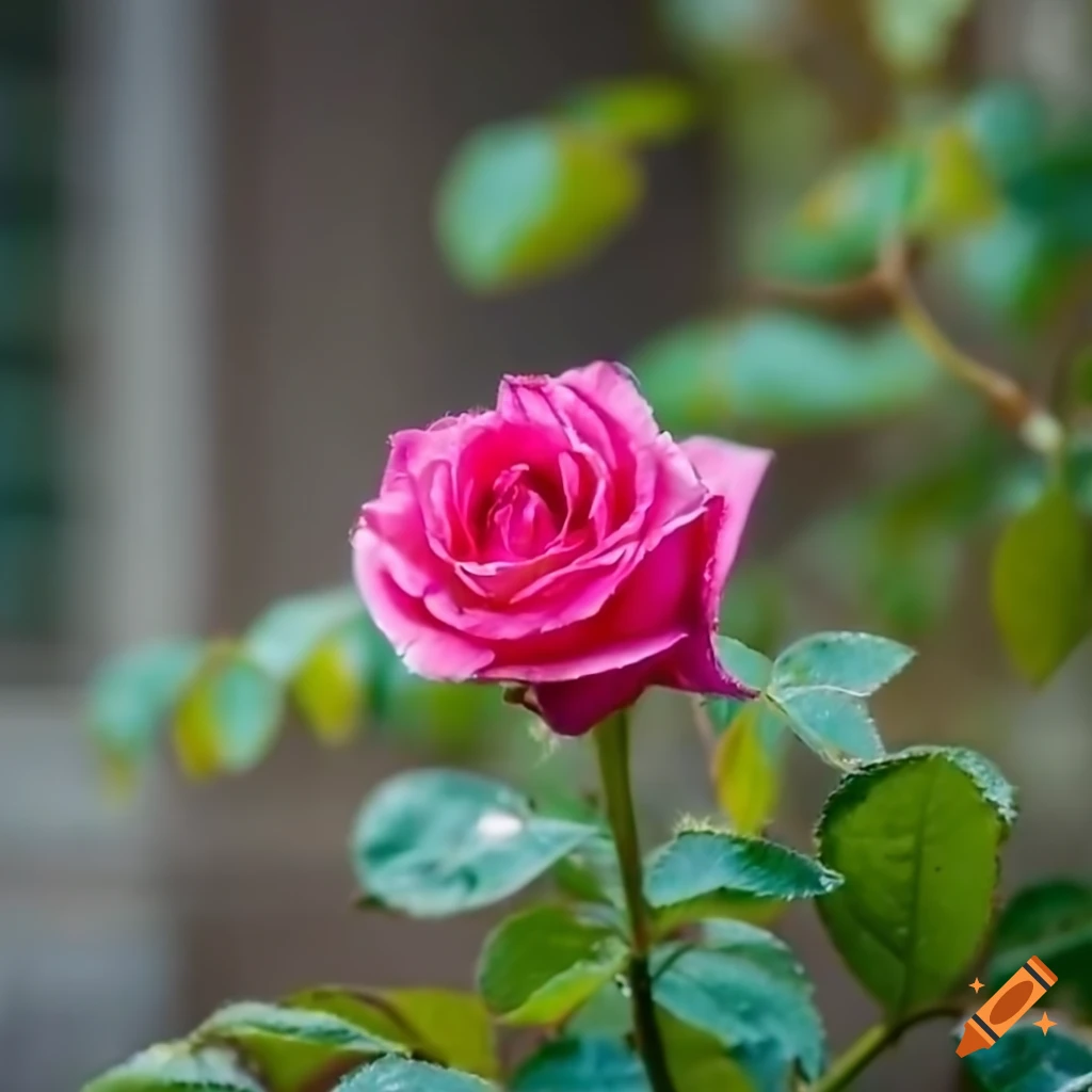 close-up photo of a rose in a pot by a window