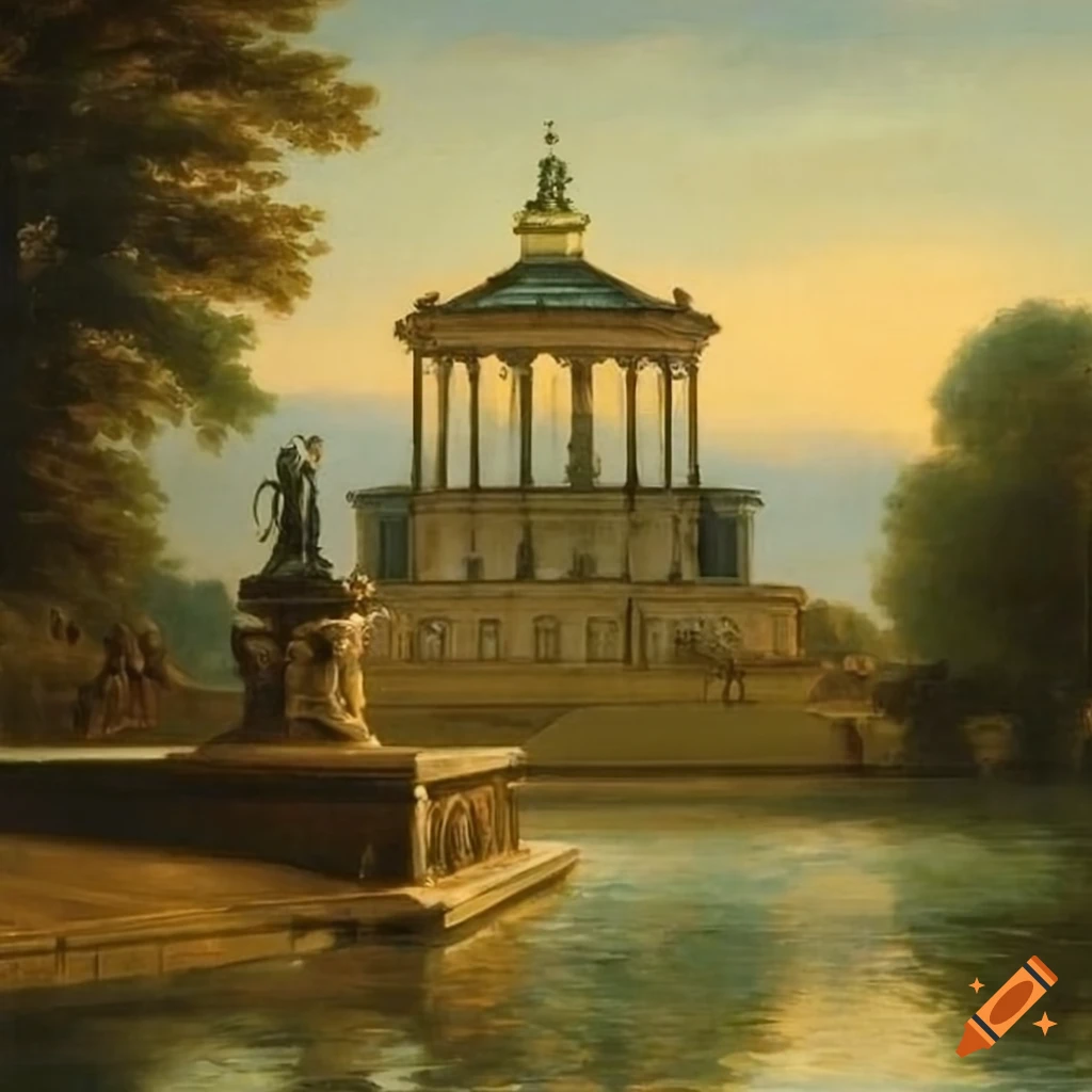 Neoclassical landscape painting with a gazebo and fountain