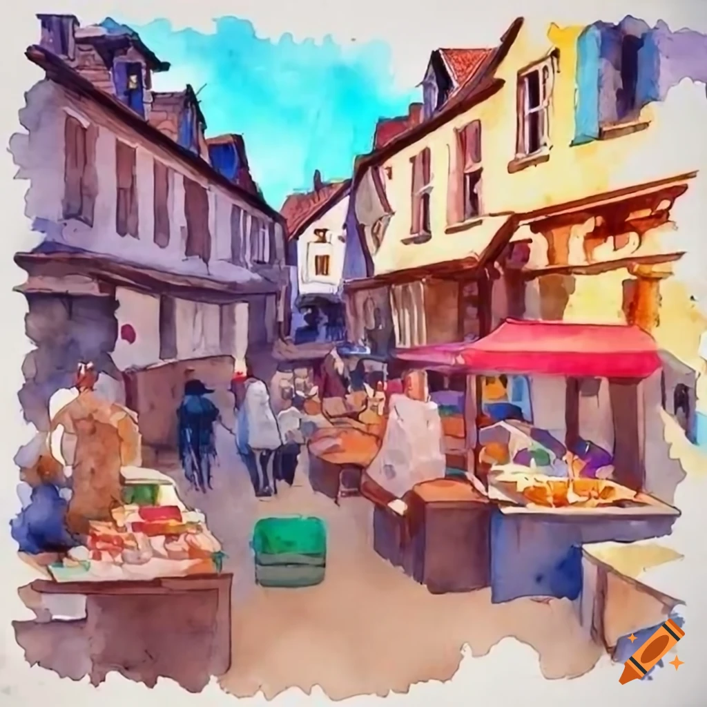 A picture of a village market bustling with activity, showcasing the  vibrant atmosphere and opportunities for financial growth on Craiyon