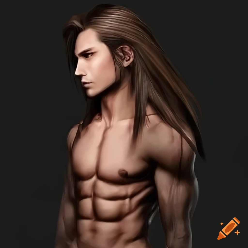 portrait of a handsome muscular man with long hair