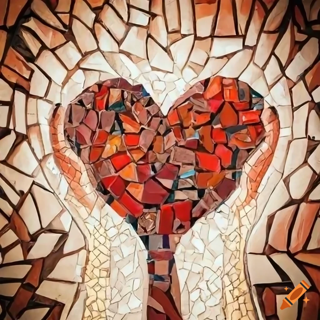 Mosaic mural of hands holding a heart on Craiyon
