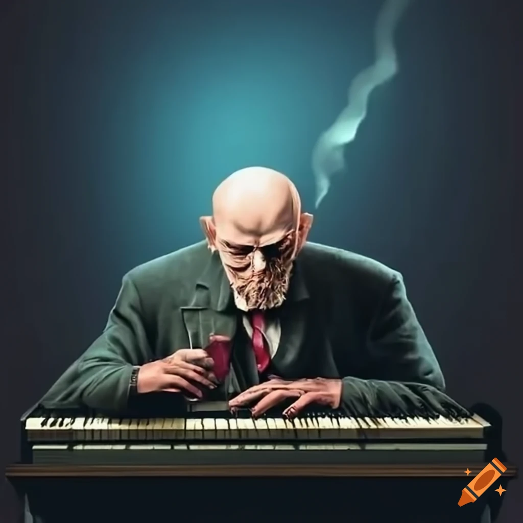 pianist enjoying a drink beside a piano