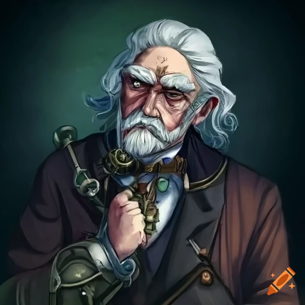 Image of a mysterious elderly steampunk inventor on Craiyon