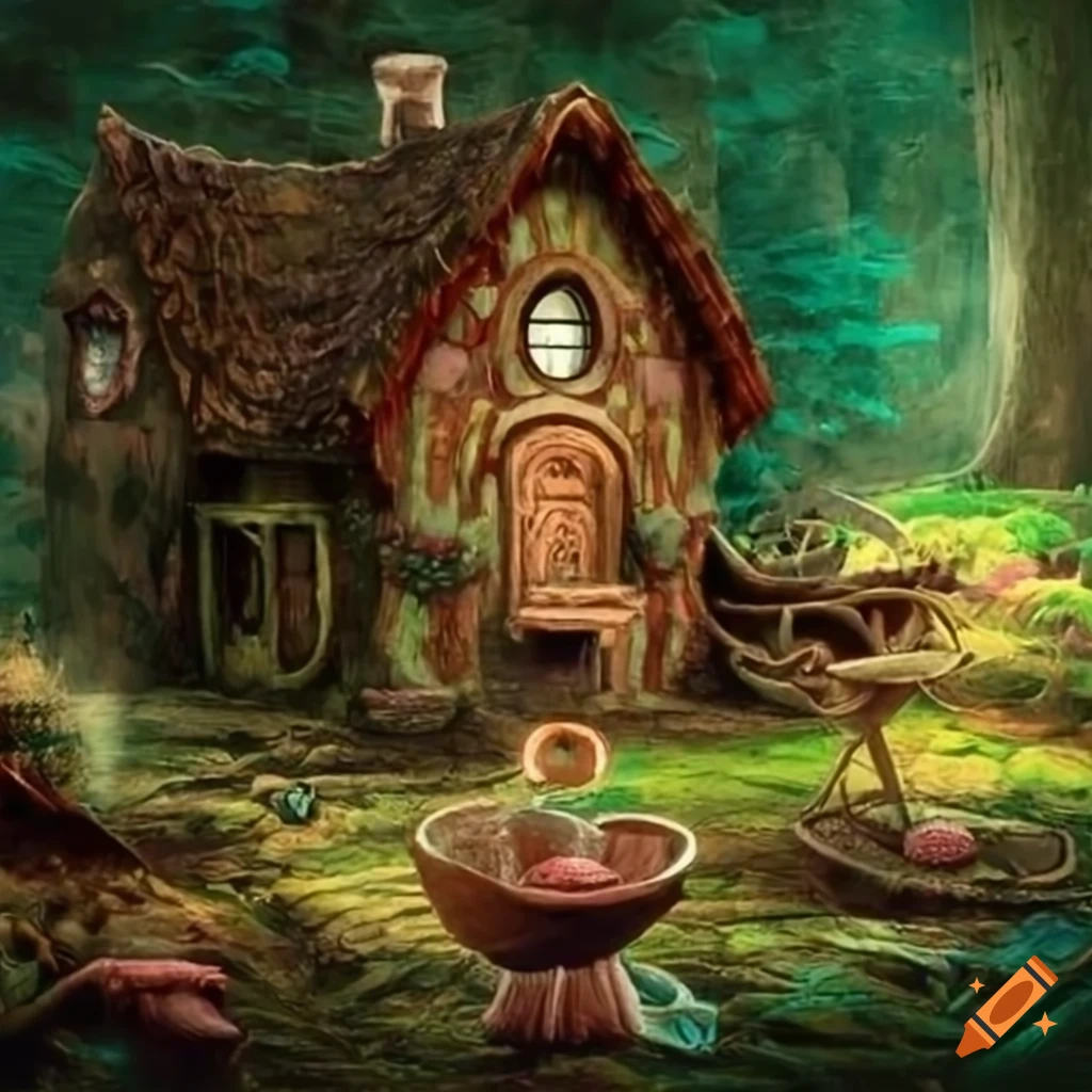 Surrealist artwork of a candy house in a mysterious forest on Craiyon