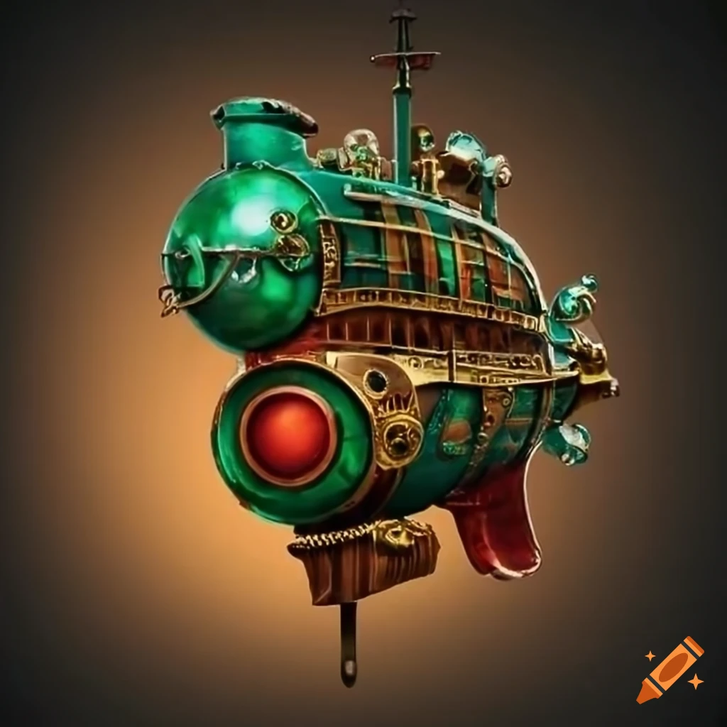 Steampunk submarine in green, red, and golden colors on Craiyon