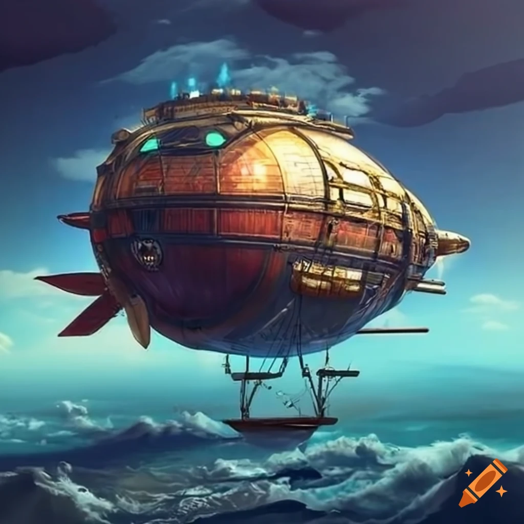 Futuristic steampunk airships in the sky on Craiyon