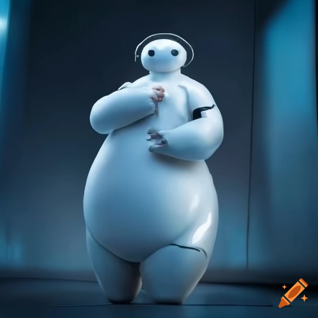 Baymax working in a recording studio with headphones on on Craiyon