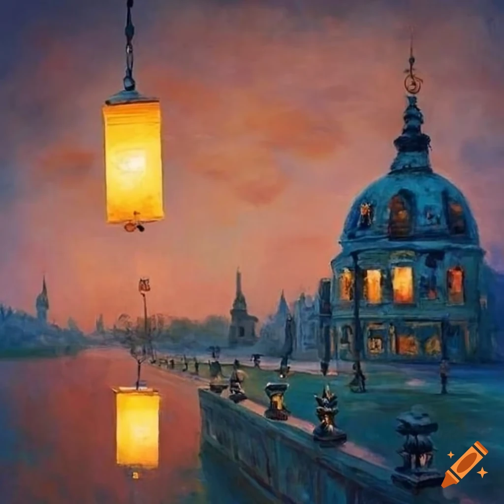 Neoclassical painting of a lovely landscape with a house and lanterns