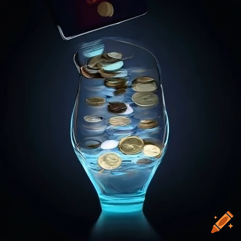 money pouring out from a mobile phone into a glass vessel