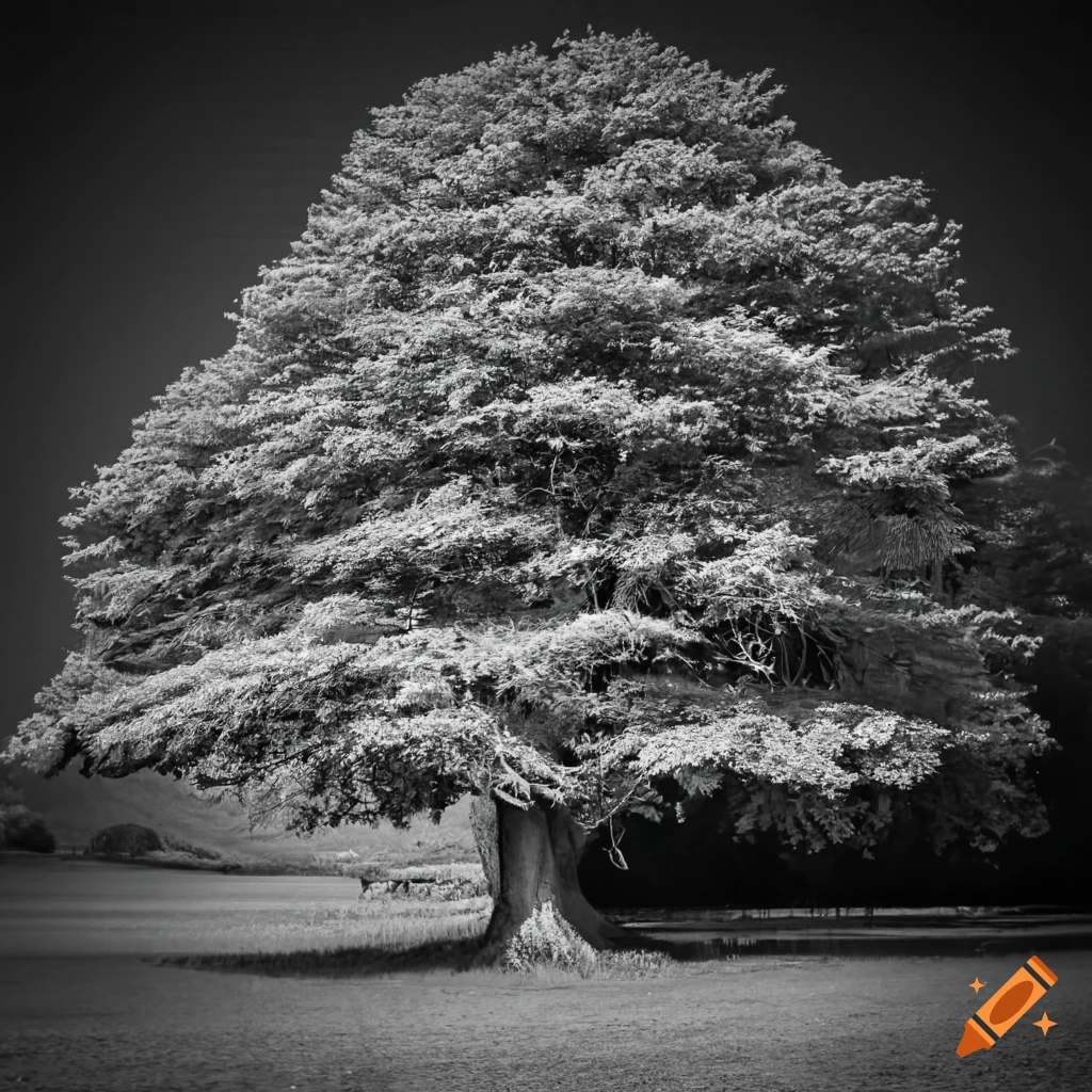 black and white photo of a large tree