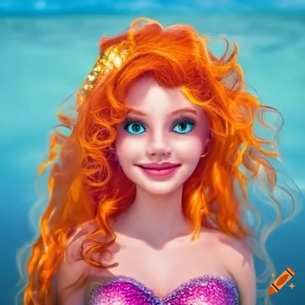 Portrait of a smiling mermaid with orange hair on the beach
